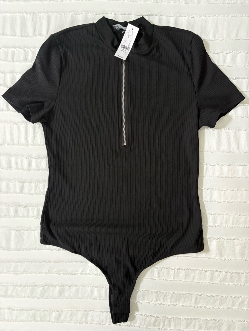 New York & Company Black Ribbed Zip-Front Bodysuit